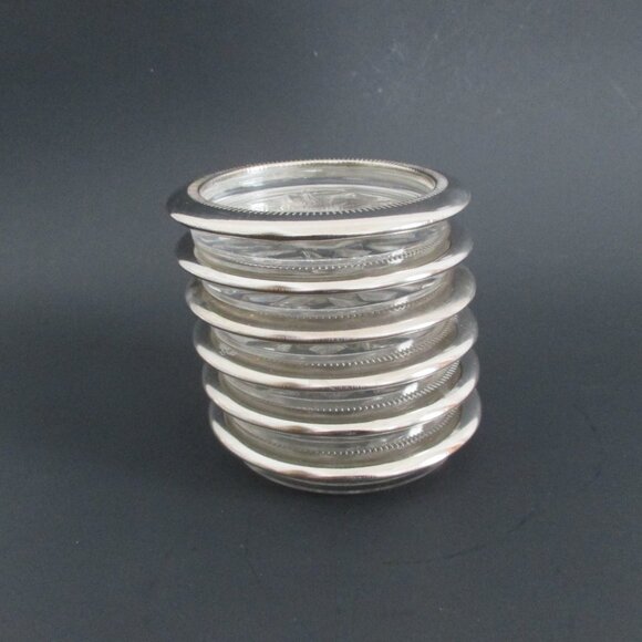6 Glass Coasters Silver Plate Rims - Picture 2 of 6